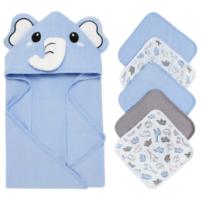 Toddler Baby Hooded Bath Towels Absorbent Soft Towel + 5Pcs Washcloth For 1-4Y