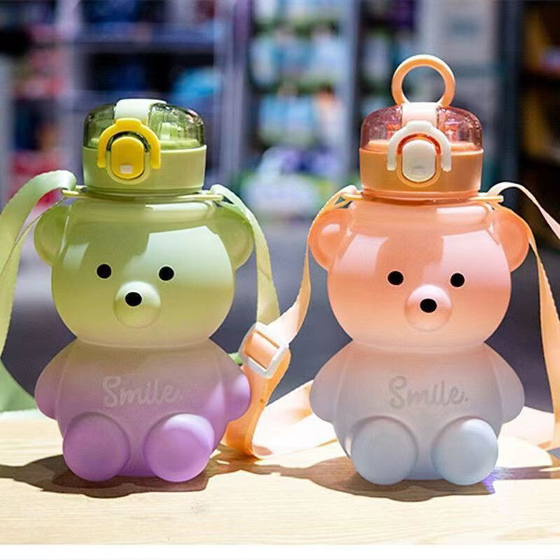 Cute Shoulder Strap Gradient Bear Water Bottle BPA Free with Straw For Kid 800ML