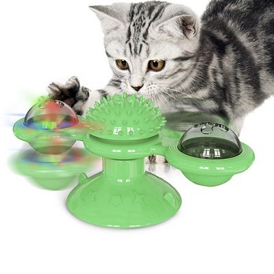 Windmill Cat Toy Fidget- Spinner f/ Pet Kitten with LED & Catnip Ball Turntable