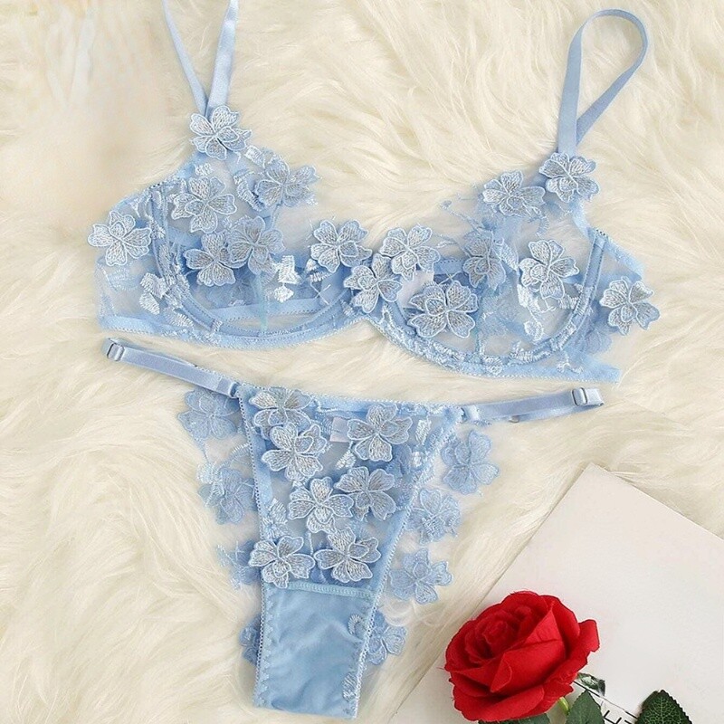 Ladies Sexy Floral Embroidered Lace Bra+Brief Set Sheer Mesh Underwear Bikini