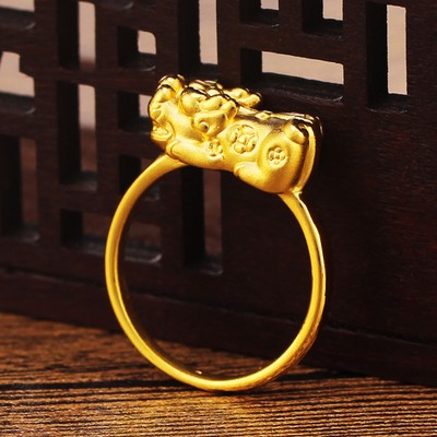 Pre-owned Yuxi 999 Pure 24k Yellow Gold Ring 3d Hard Gold Lucky Pixiu Baby Pattern Us Size Us 7