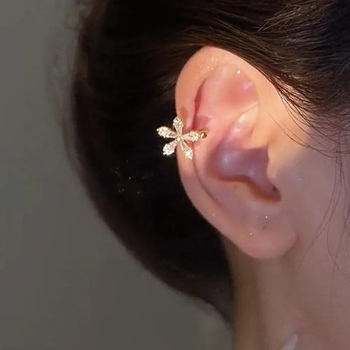 Korean Crystal Flower Butterfly Stainless Steel Clip-On Ear Cuffs for Women