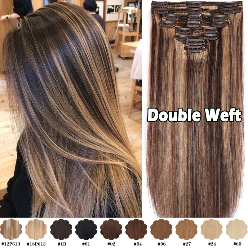 170G+ Human Hair Extensions Double Weft Clip In Thick Full Head Caramel Brown US