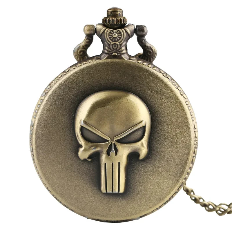 Retro Bronze 3D Skull Quartz Pocket Watch with Pendant Chain