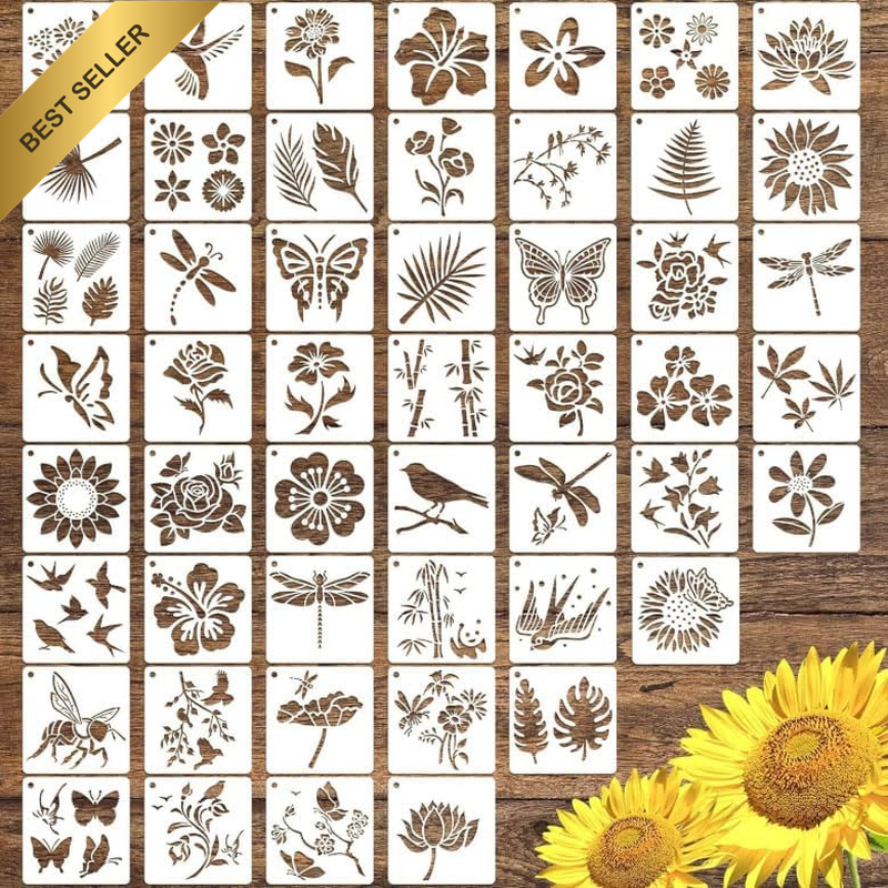 50 Pcs Small Flower Stencils for Painting,3×3 Inch Reusable Botanical & Mehndi S
