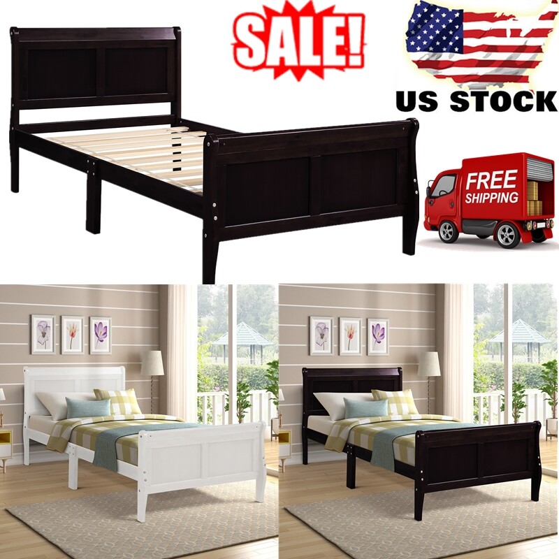 Bedroom Platform Wood Twin Size Bed Frame Foundation W Headboard