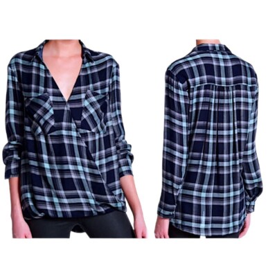 $118 Willow & Clay Surplice Surprise Plaid Top Small 2 4 Navy Plaid High Low NWT