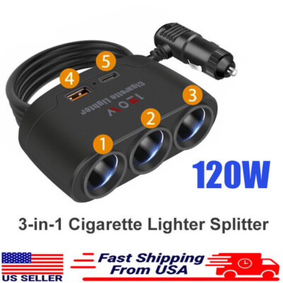 3 Way 120W Multi Car Cigarette Lighter Socket Extension Splitter USB Charger 12V