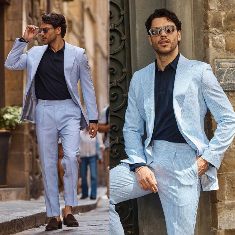 ジャケット・アウター 23SS THE SINGLE NOTCHED LAPEL JACOAT Men's Blue Seersucker Suits Single Breasted Notch Lapel