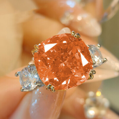 New 14mm Ice Flower Cut Orange Morganite Gemstone Charm Silver Women Girl Ring