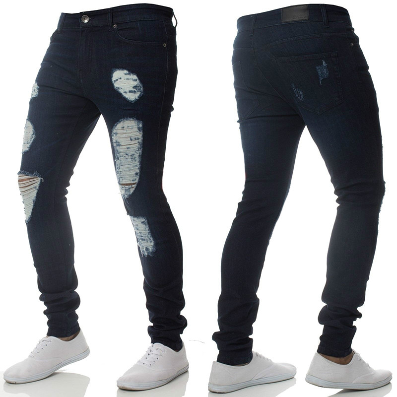 Men Stretch Ripped Skinny Jeans Distressed Frayed Slim Fit Biker Denim Pants 3XL