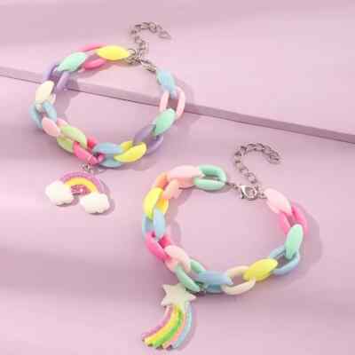 2 PC 7'' W/Up to 2'' Girl's Pendant Multi-color Acrylic Link Bracelet Set New 9052