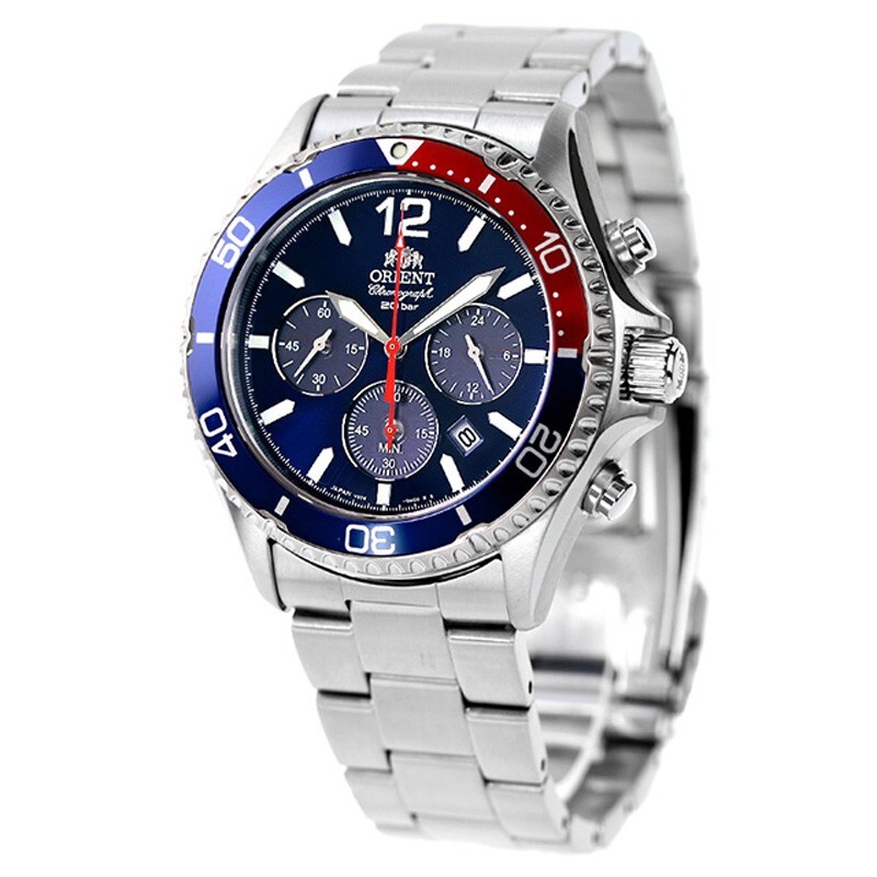 Pre-owned Orient Mako Rn-tx0201l Panda Blue Dial Solar Analog Chronograph Men Watch