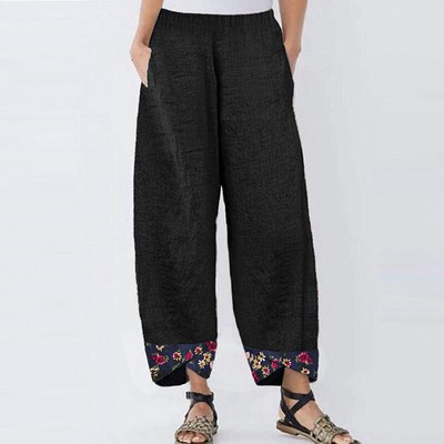 Plus Size Womens Cotton Linen Pants Casual Loose Wide Leg Harem Trousers Summer