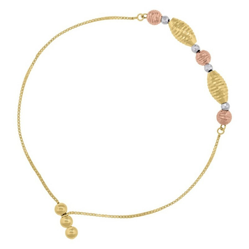 Pre-owned Bracelet 14kt Tri Color Gold Dc Beaded Link Adjustable Bolo  8" Size 8" Inches