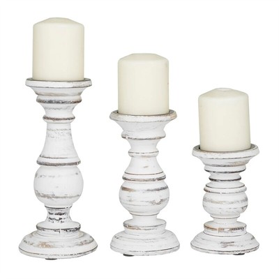 Turned Design Wooden Candle Holder with Distressed Details Set of 3 White