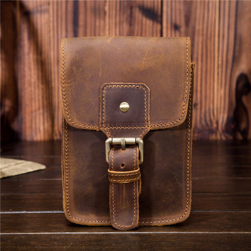 Men Genuine Real Leather Outdoor Phone Pouch Hook Hip Bun Fanny Waist Pack Bag