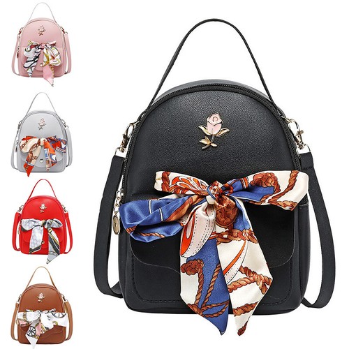 Rucksack Damen Elegant PU Leder Schultertasche Mädchen mit Seide Deko Daypacks 