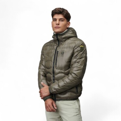 Pre-owned Blauer Men's  Onda Wawe Glossy Nylon Puffer Jacket Green Pine Ai24 In Green Pine Cone