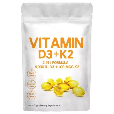 Vitamina D3 5000IU Con K2 100 Mcg, 180 Capsula Blandas | K2 Mk7 Vitamina K2