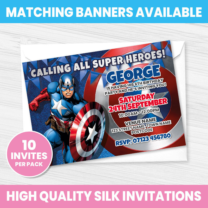 CAPTAIN AMERICA PARTY INVITES PERSONALISED SUPERHERO BIRTHDAY INVITATIONS