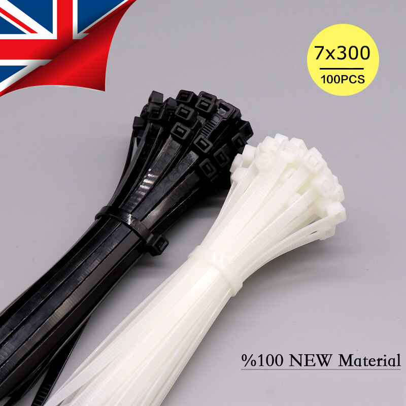 ZIP TIE WRAPS STRONG 7x300 MM PREMIUM CABLE TIES COLOURED BLACK WHITE (100 Pack)
