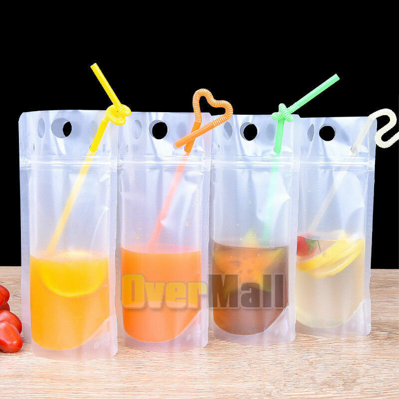 100 Pack Clear Drink Pouches Bags with Straws - Reclosable Z