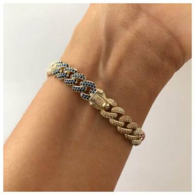 Pre-owned Nsg Men's Multicolor Cubic Zirconia Cuban Link 10 Mm Bracelet 8" 925 Silver In White