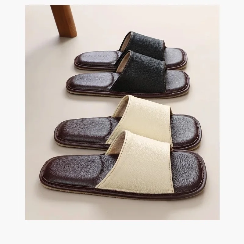 Men's Genuine Leather Slippers Cowhide Open Toe Square Toe Luxury Home Slides