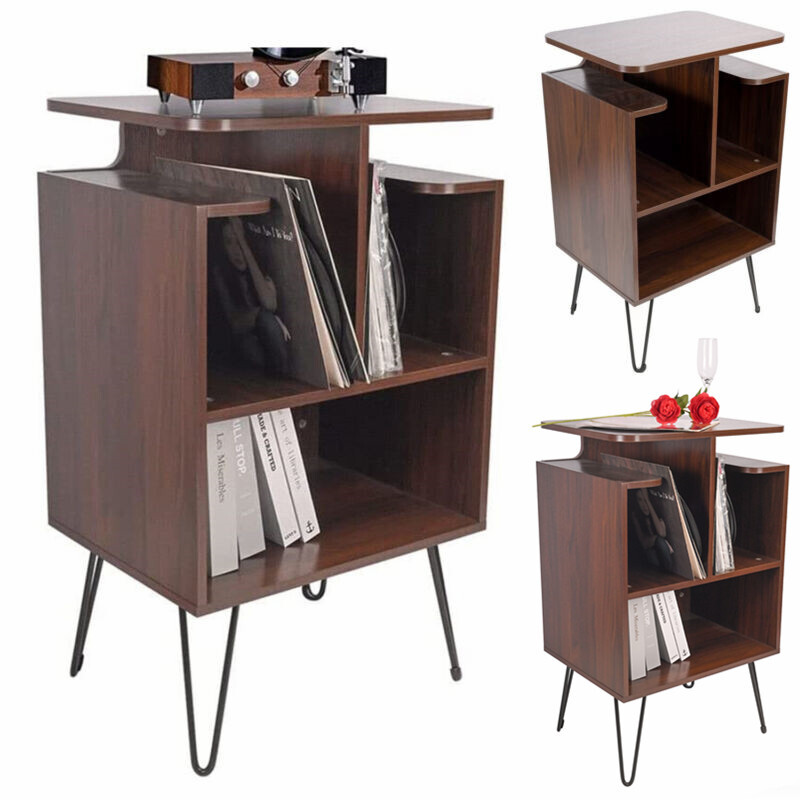 Record Player Stand Storage Rack Vinyl Turntable Cabinet Nightstand Shelf Table