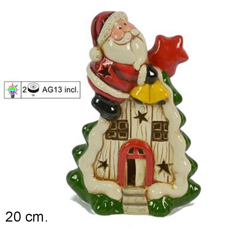 Babbo Natale Su Casetta Albero Con Luci A Batteria 20cm dfh