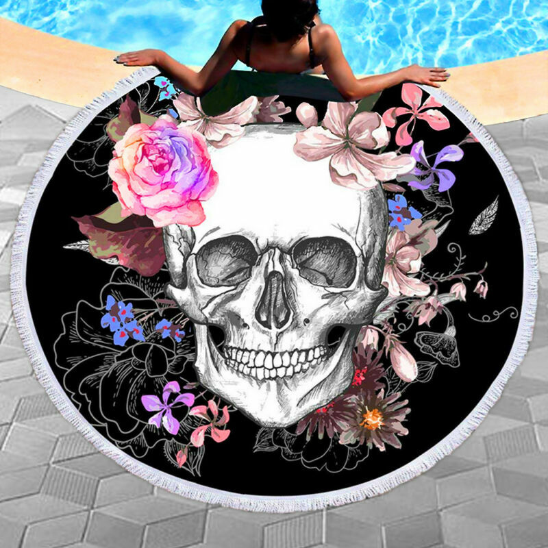 Round Microfiber Tassel Sugar Skull Tapestry Soft Outdoor Beach Towel Yoga Mat Colorcard De