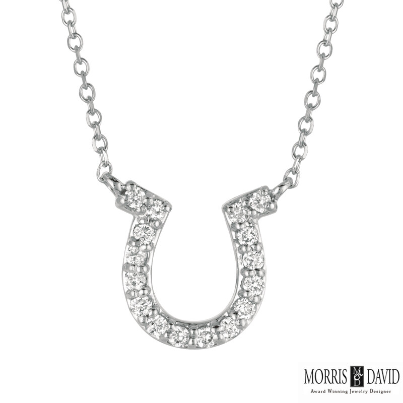 Pre-owned Morris 0.15 Ct Natural Diamond Horseshoe Necklace Pendant 14k White Gold Si 18''