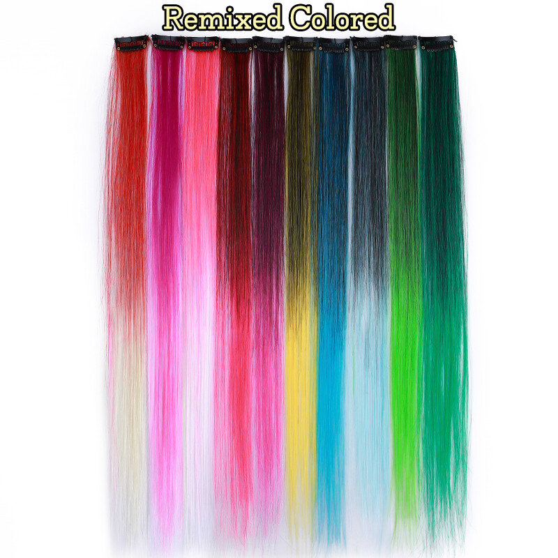 US 10 Peices Clip On Hair Extensions Colorful Long Hair Party Muti Color DW43
