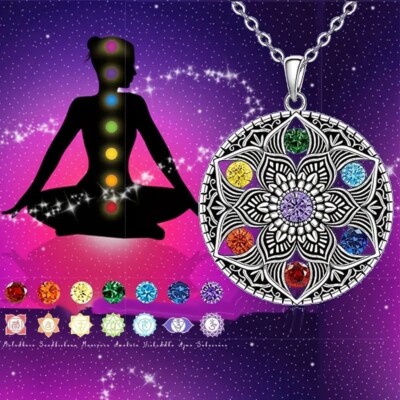 Elegant 925 Sterling Silver Lotus Flower 7 Chakra Healing Gemstones Necklace