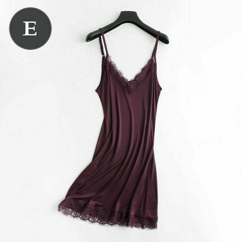 Donna Vero Seta Maglia Sexy Pizzo Scollo V Spaghetti Abito Canotta Camicia