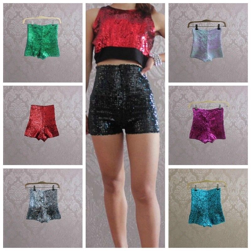 Damen komplett Pailletten Shorts hohe Taille glänzend Glitzer Tanz Hotpants
