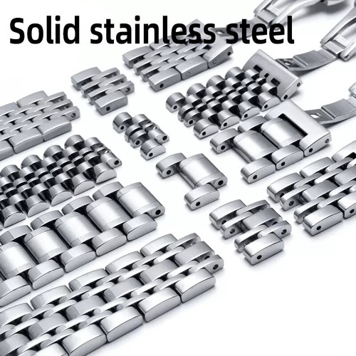 New Silver Straight+Curved End Solid Bracelet Stainless Steel Watch Strap Band