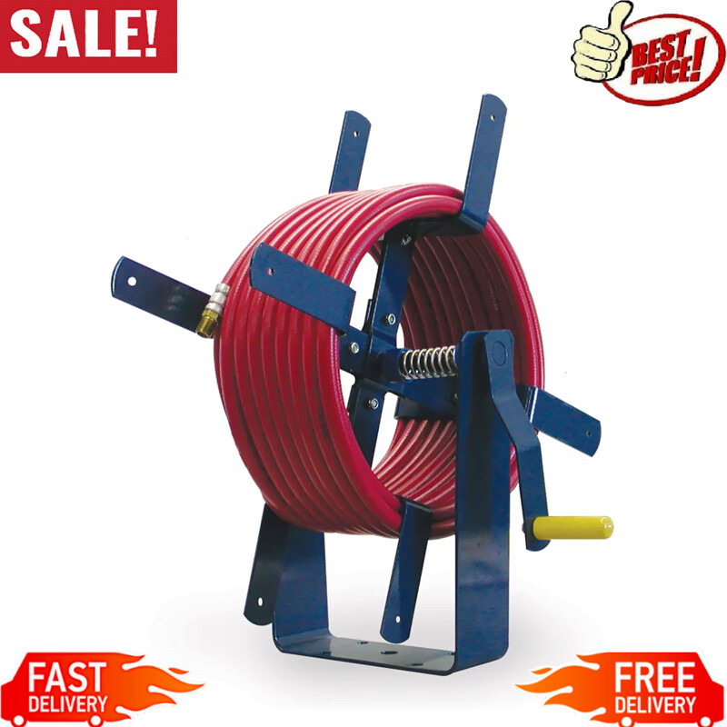 Air Hose Reel Heavy Gauge Steel Portable 1.00 X 1.00 in Holds 100 Feet of 3/8 In