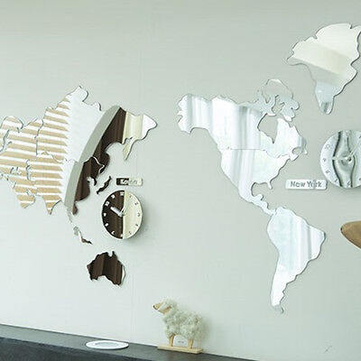 World Map Time Acrylic Mirror Wall Clock Non Ticking Decor Map Silent Movement