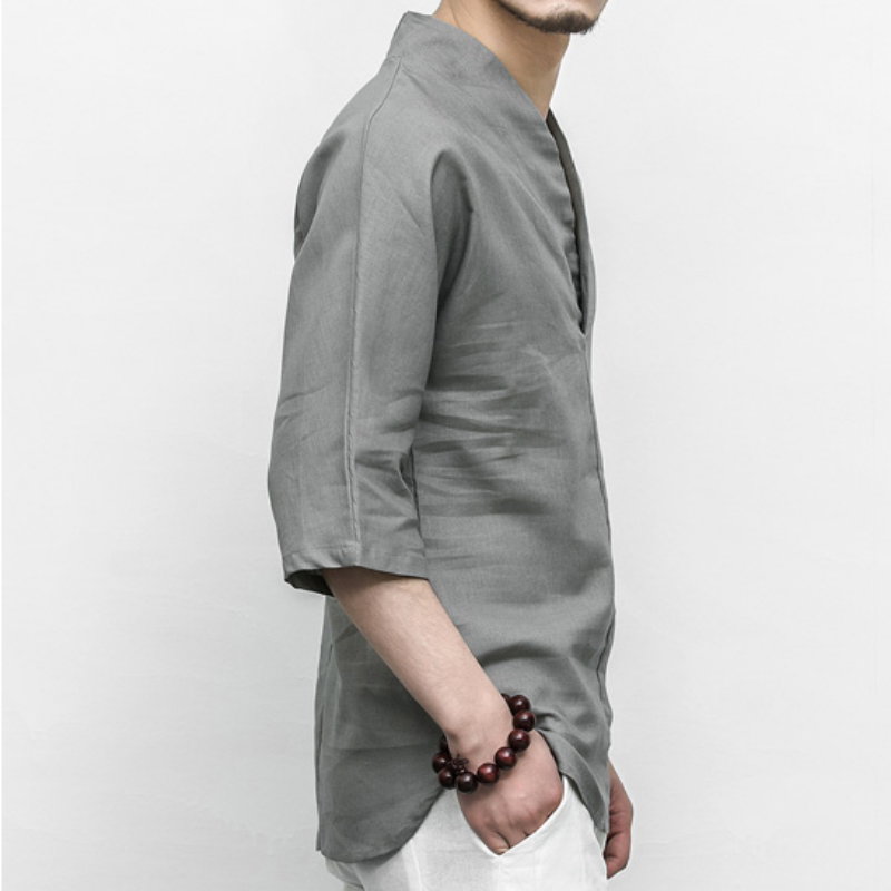 Men Chinese Retro Cotton Linen T-shirt Hanfu V-neck Loose Top Kung Fu Blouse Top