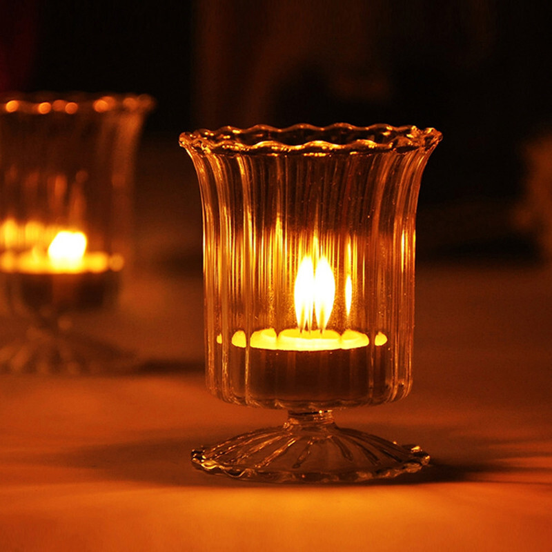 Dinner Candle Transparent Glass Stripe Lit Candle Cup Light 