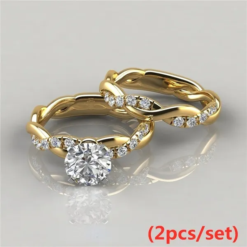 Women'S Dainty Twist round Cut White Sapphire Ring Set Bridal Engagement Diamond Ring Wedding Band Anniversary Gift Banquet Party Jewelry Ring Size 5-11