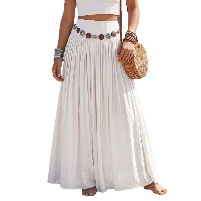 Damen Boho Baumwollmix Langrock Hohe Elastische Taille A-Linie Rock Strand