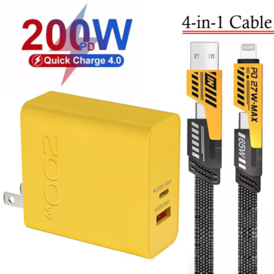 200W PD + USB Port Type C Super Fast Charger & 4-iN-1 Cable For iPhone & Android