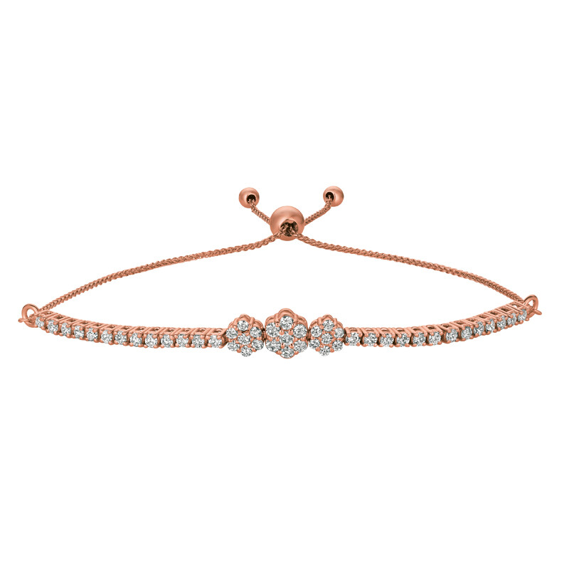 Pre-owned Morris 1.00 Carat Diamond Bolo 3 Flower Bracelet Si 14k Rose Gold 7'' Adjustable In Pink