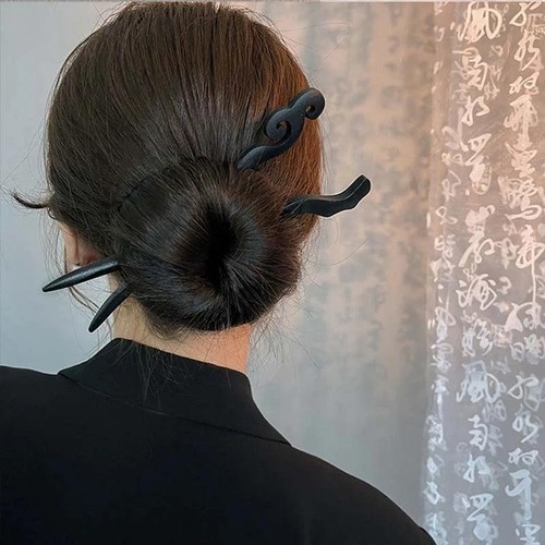 Carved Black Wooden Hair Sticks Traditional Chinese Hair Fork for Women