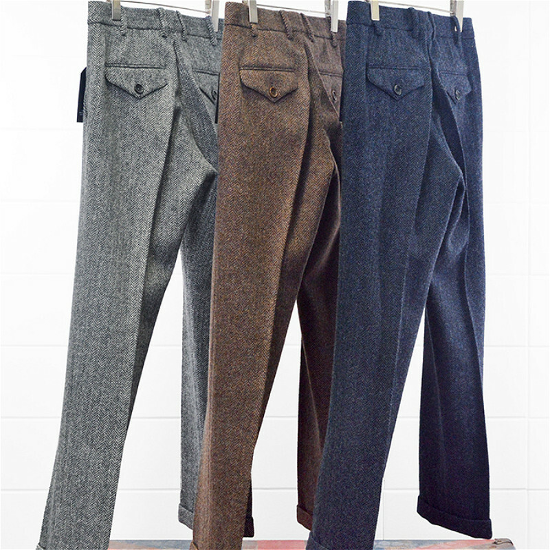Men Casual Herringbone Tweed Pants Wool Blend Straight Leg