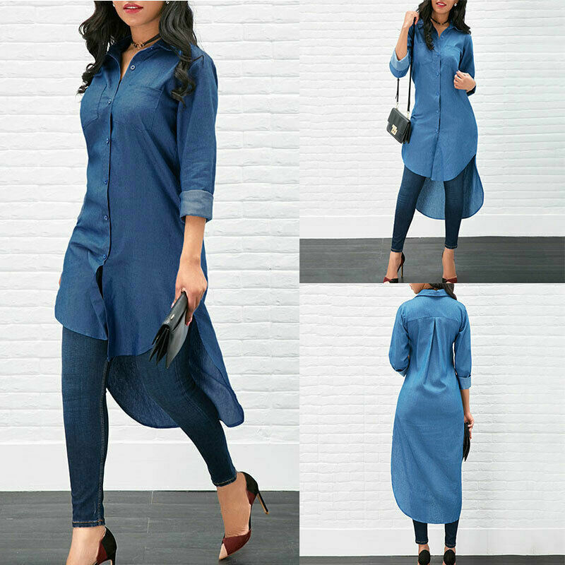 Denim T-shirt Long Sleeve Casual Loose Shirt Mini Dress Butt