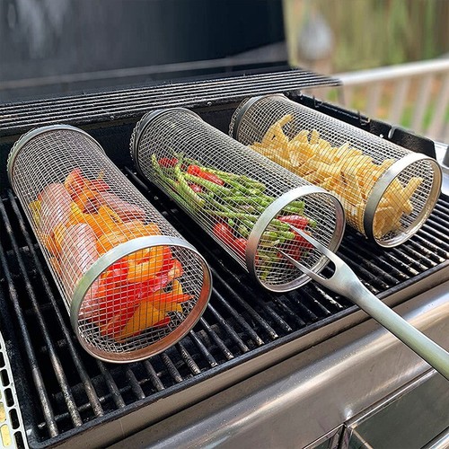 BBQ Net Tube Rolling Basket Grill Tool with Mesh Cover BBQ Removable Accessories